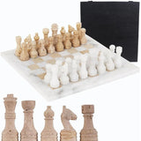 Marble White and Travertine Chess Set with Storage Box 12" For 2 Player Games for Adults