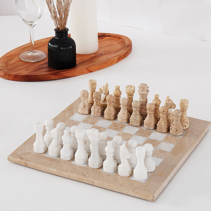 Marble Travertine and White  Chess Set with Storage Box 12" For 2 Player Games -  Travel Board Games