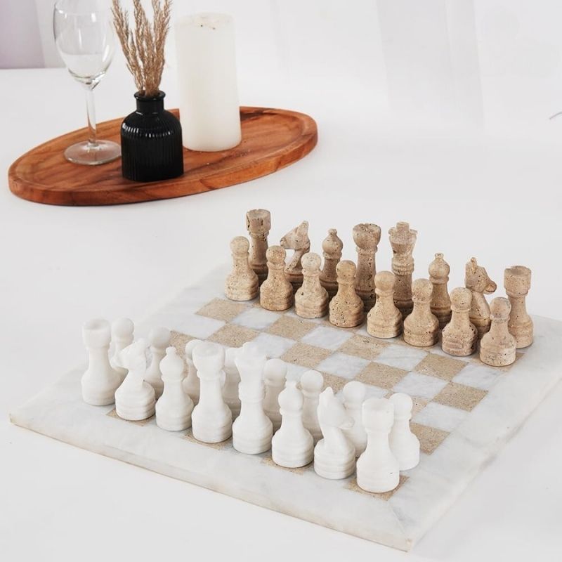 Marble White and Travertine Tournament Chess Set With Storage Box 15" For Board Games for 2 Players