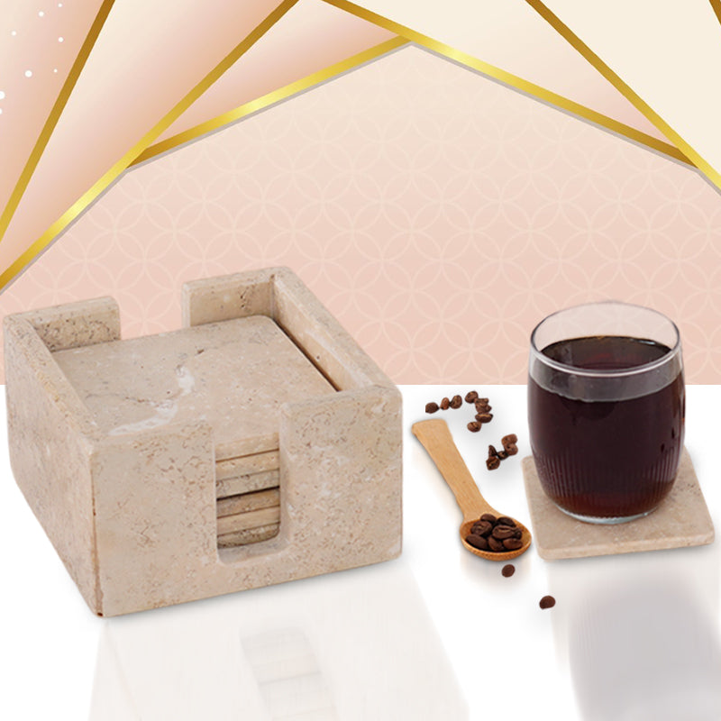 Travertine Square Coaster Set with Holder for Coffee Table & Bar Décor - Drink Coasters